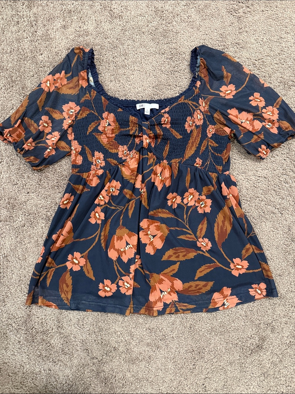 DR2 Navy Floral Smocked Peasant Top with Rust Flowers